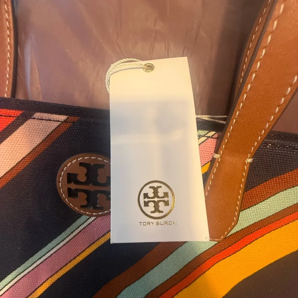 NWT Tory Burch Key Item Canvas/Leather Medley Multicolor Striped Tote MSRP $298 - Picture 5 of 11